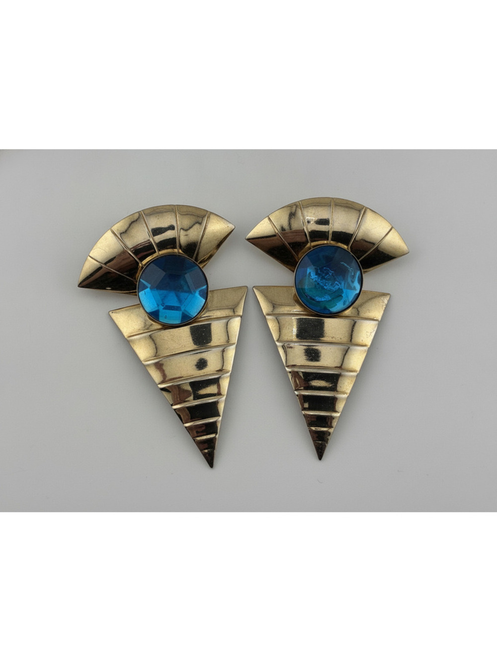 1980s Statement Gold Tone Fan Chevron Hinged Earrings with Large Blue Rhinestone